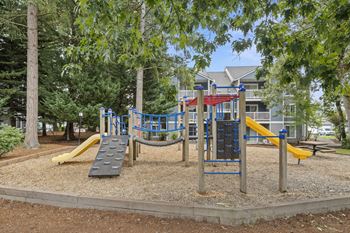 Playground with climbing structures and yellow slides